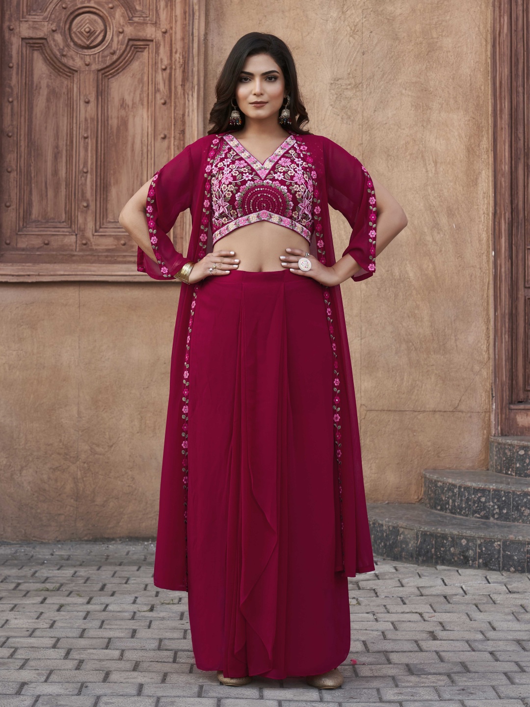 

Tikhi Imli Embroidered V-Neck Crop Top & Shrug With Skirt Co-Ords, Fuchsia