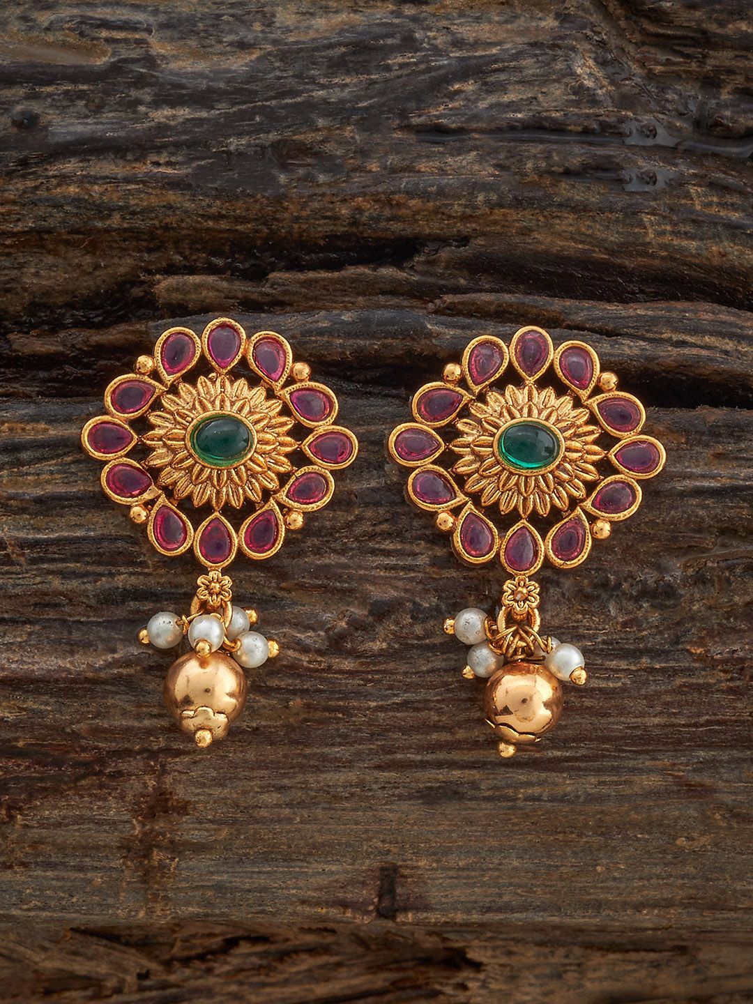 

Kushal's Fashion Jewellery Ruby-Green Gold-Plated Floral Antique Studs Earrings