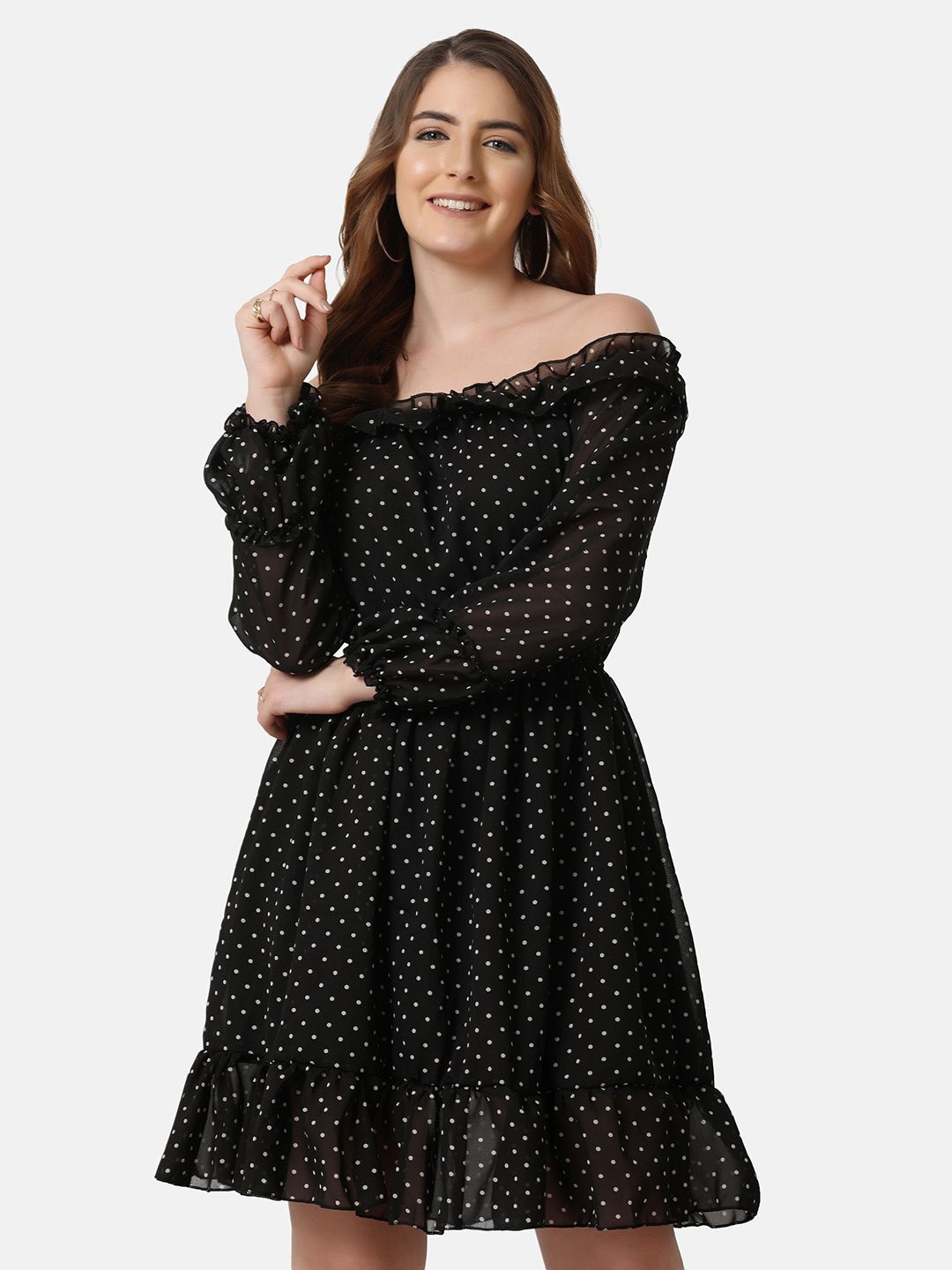 

BUY NEW TREND Polka Dot Printed Off-Shoulder Bishop Sleeve Georgette Fit and Flare Dress, Black