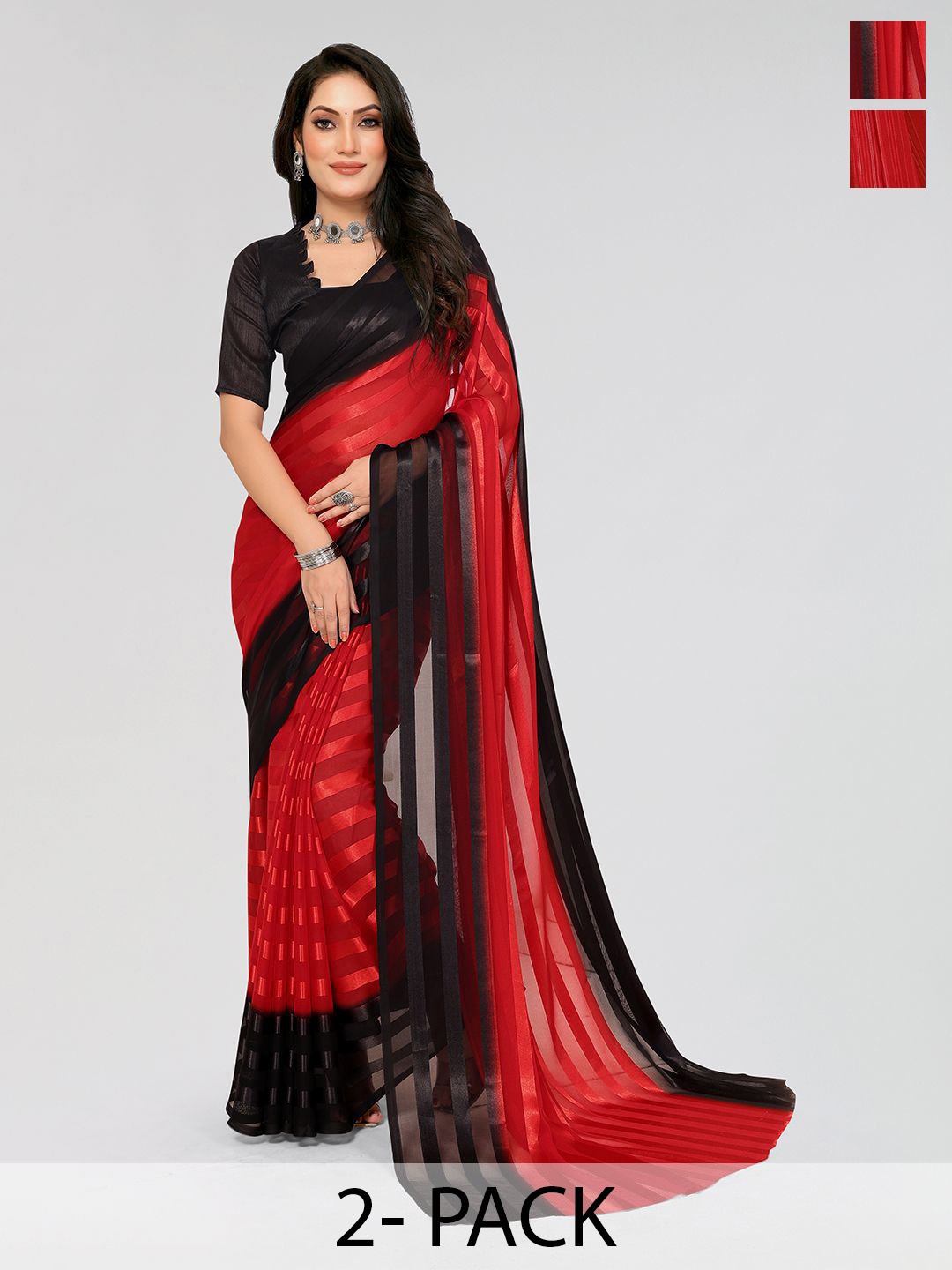 

Moda Rapido Set of 2 Striped Printed Sarees, Red