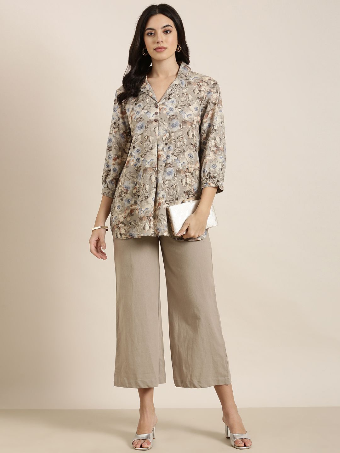 

SHOWOFF Floral Printed Shirt Collar Tunic And Trouser, Beige