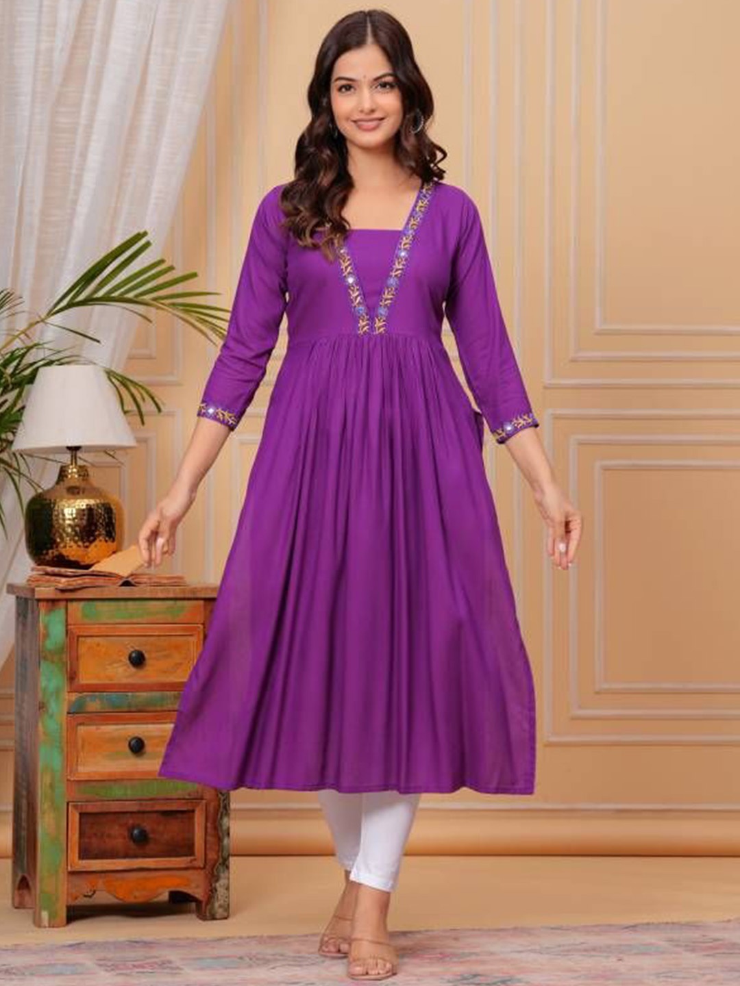 

Clothonus Asha Floral Embroidered Yoke Design V-Neck Pleated A-Line Kurta, Purple