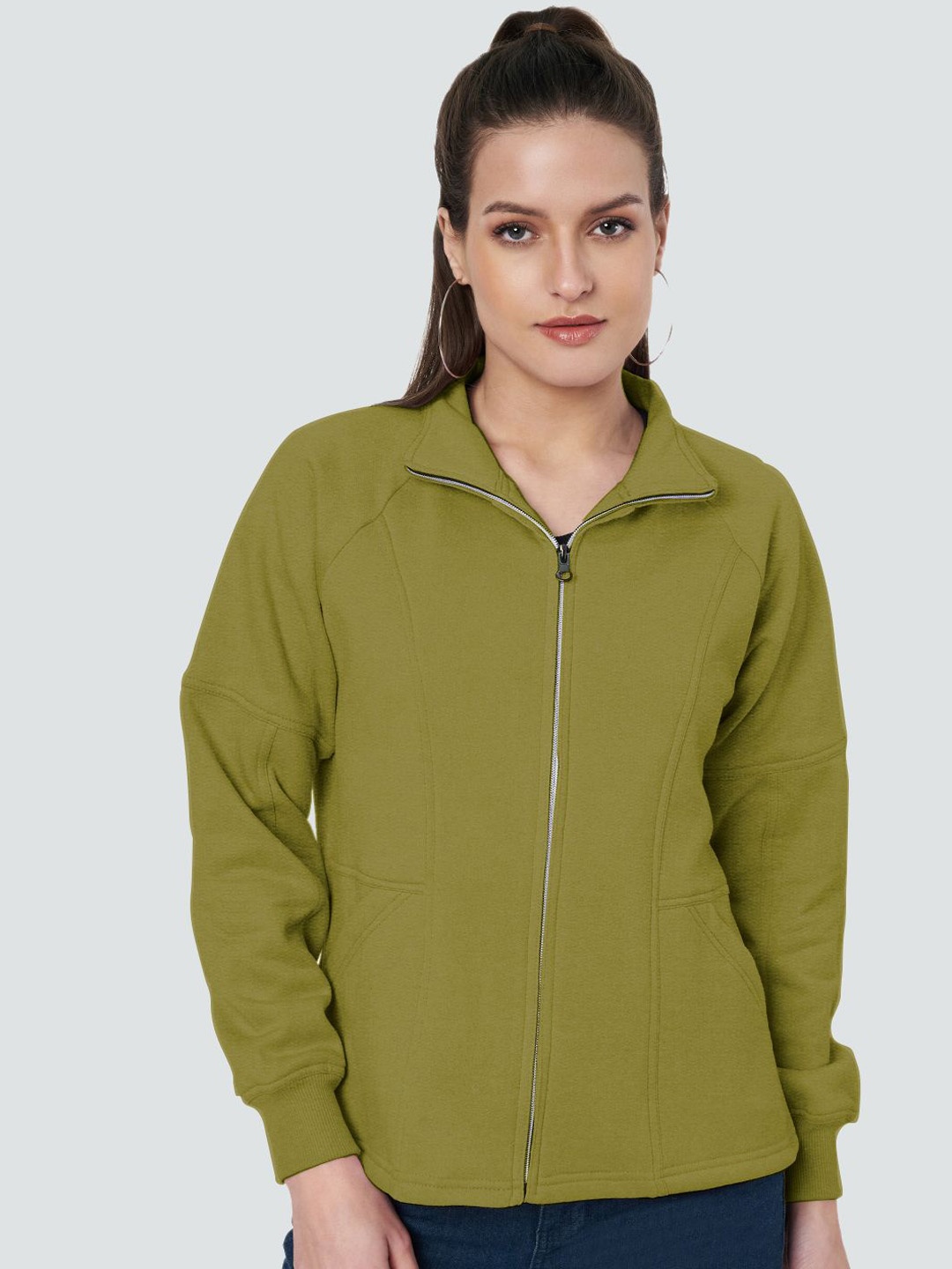 

BRINNS Women Mock Collar Solid Fleece Casual Bomber Jacket, Olive