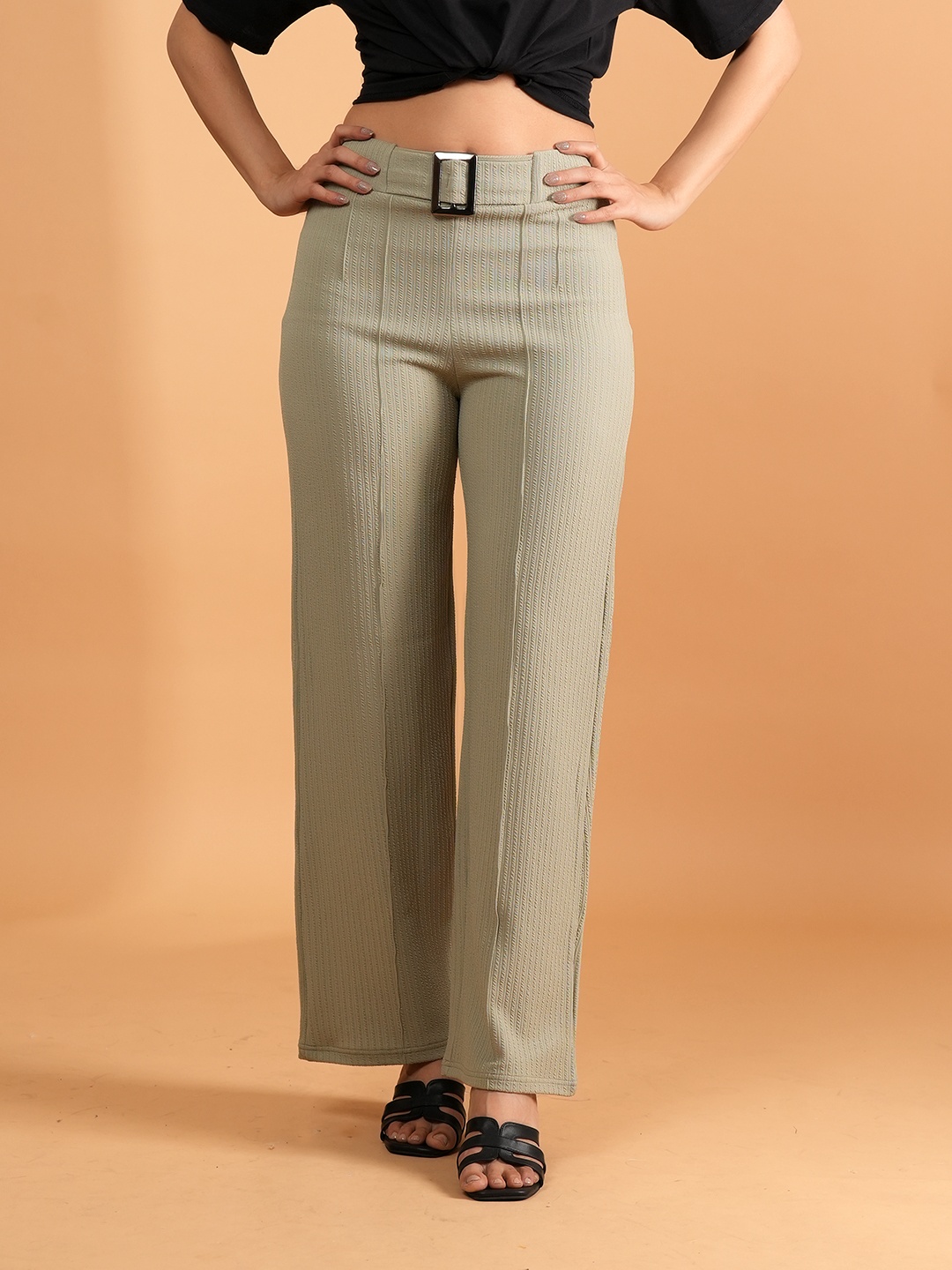 

BAESD Women Textured High-Rise Easy Wash Pleated Trousers, Green