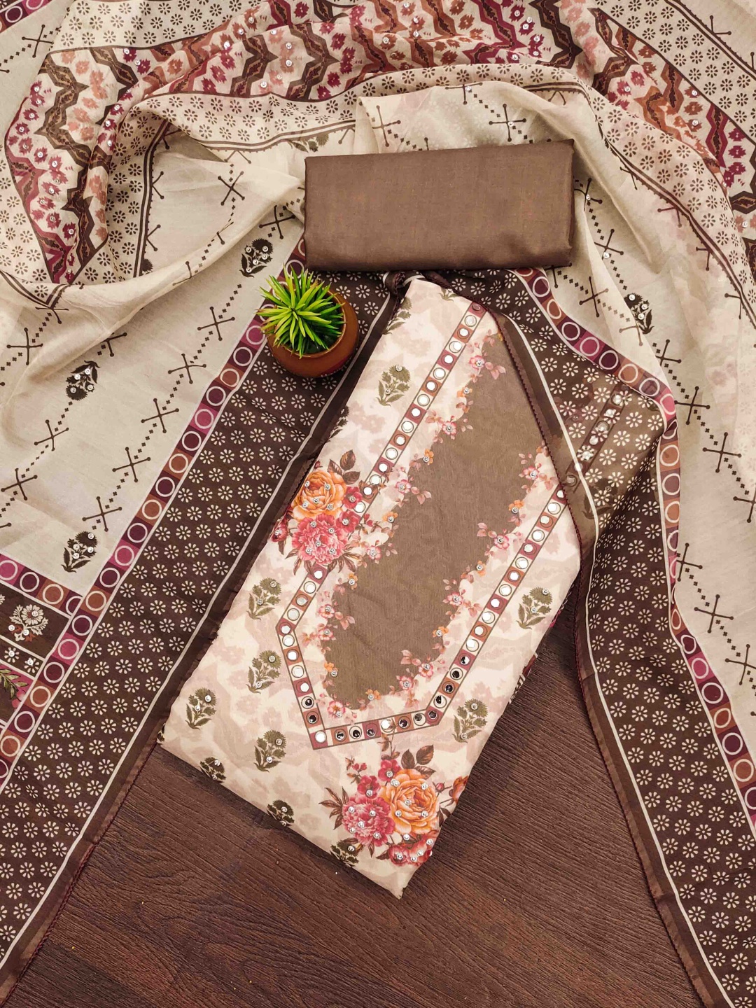 

Blissta Floral Printed Mirror Work Organza Unstitched Dress Material, Coffee brown