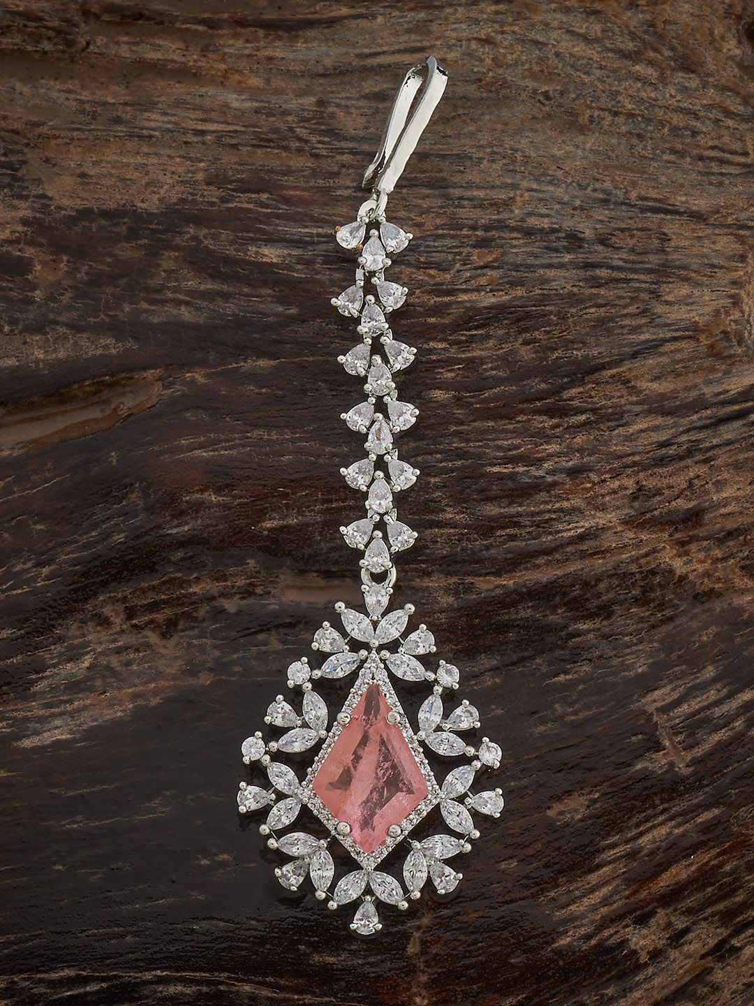 

Kushal's Fashion Jewellery Pink Rhodium-Plated Cubic Zircon Maang Tikka Head Jewellery, Silver