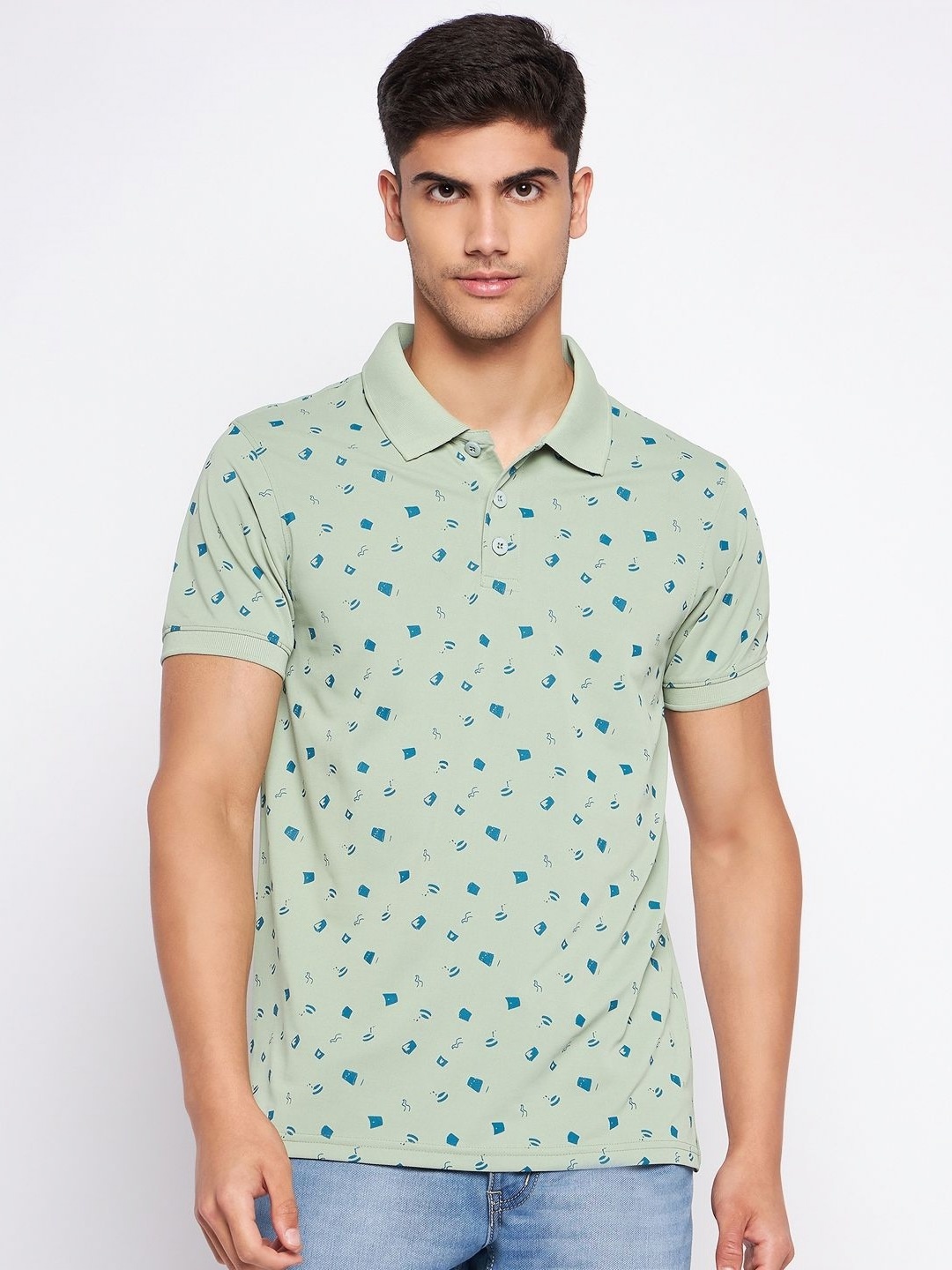 

AUXAMIS Men Printed Polo Collar Pockets T-shirt, Sea green