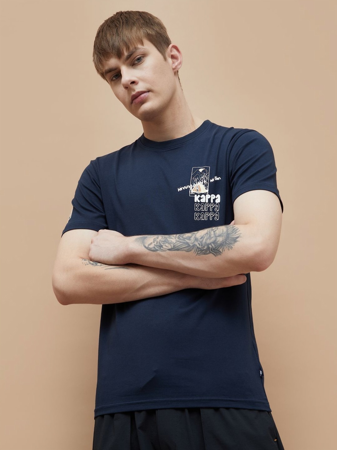 

Kappa Men Graphic Printed Round Neck Cotton T-shirt, Navy blue