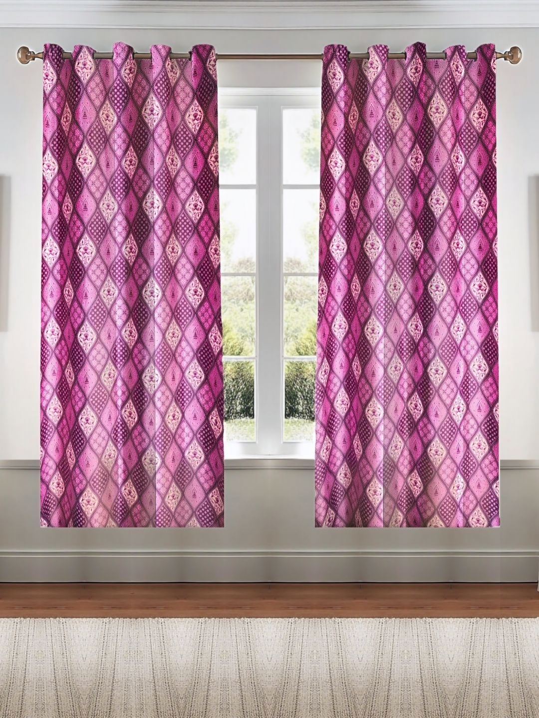 

Kanodia Poly Fab Pink 2 Pieces Printed Room Darkening 65% Sunlight Block Window Curtains