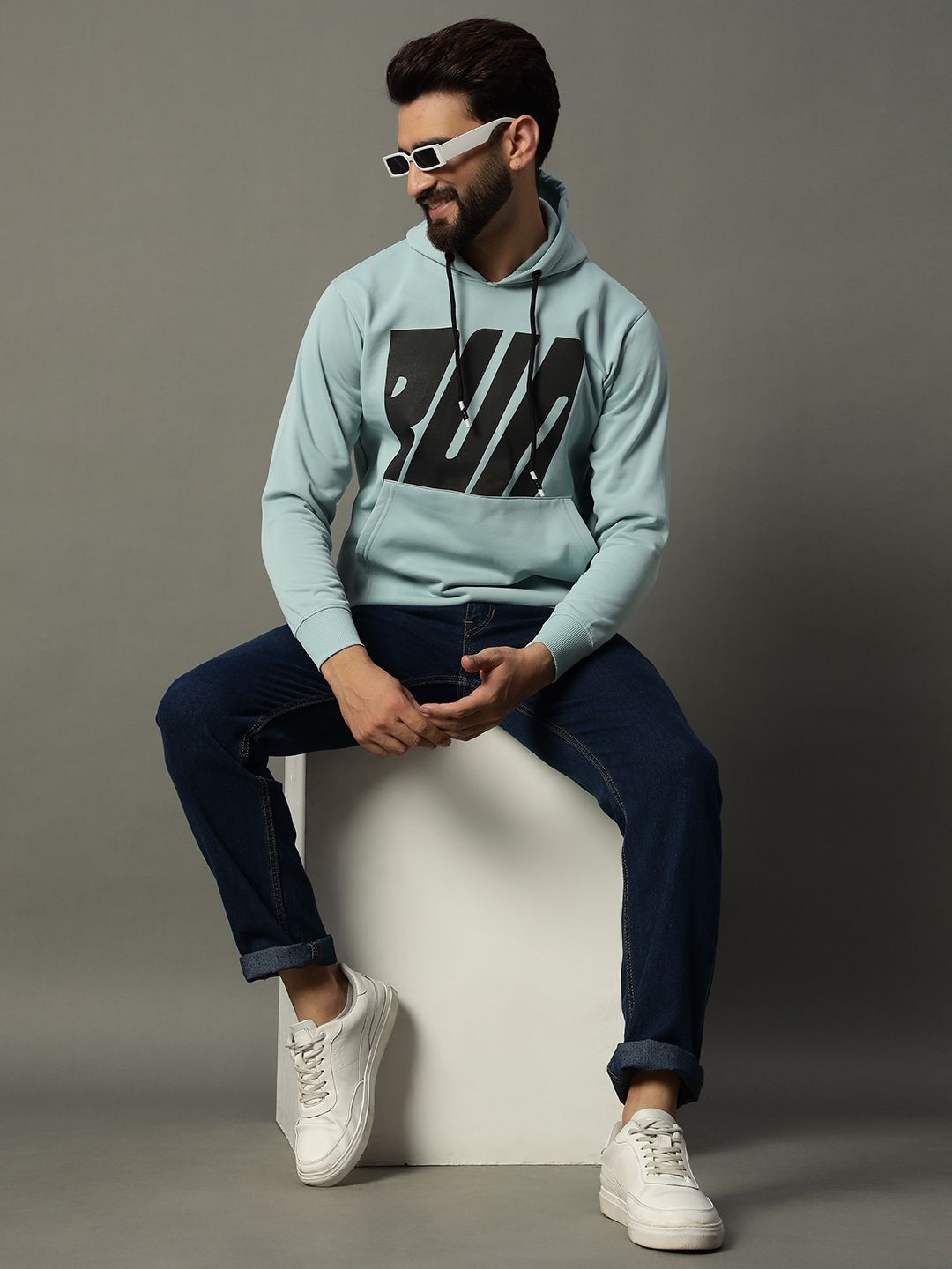 

STELVIN Men Printed Hooded Pullover Cotton Sweatshirt, Turquoise blue