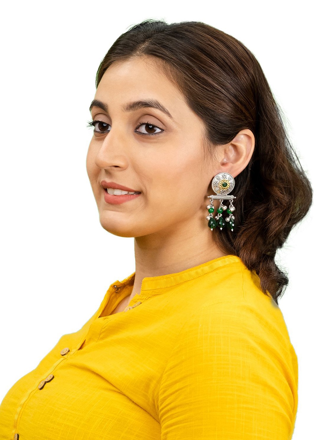 

Shining Jewel - By Shivansh Silver-Plated Artificial Stones Studded Circular Drop Earrings