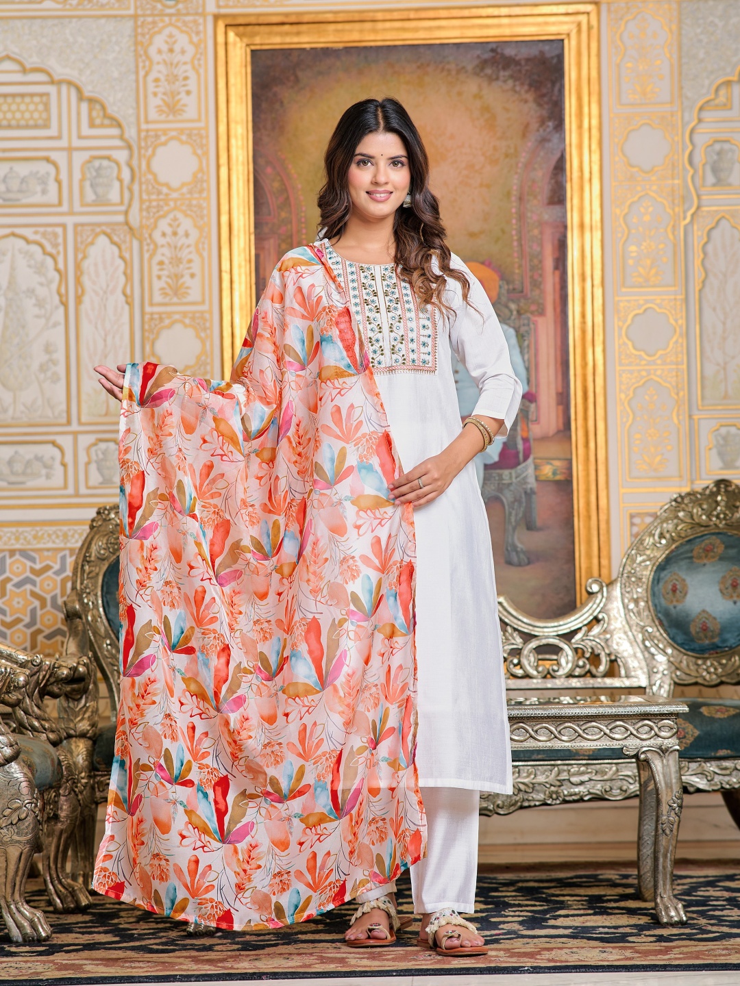 

RV CREATION Floral Yoke Design Chanderi Silk Straight Kurta With Trouser And Dupatta, White