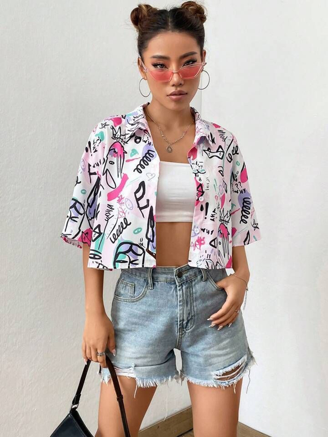 

KASHIAN Women Boxy Fit Spread Collar Graphic Printed Casual Shirt, White