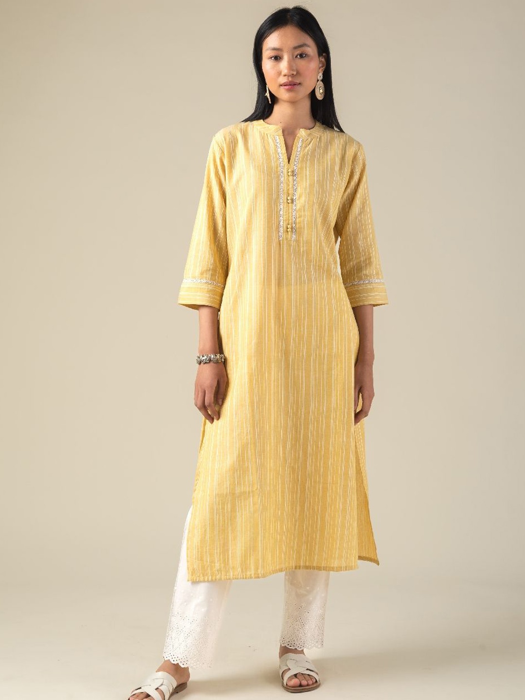 

KUSVAA Striped Mandarin Collar Pure Cotton Straight Kurtas, Yellow