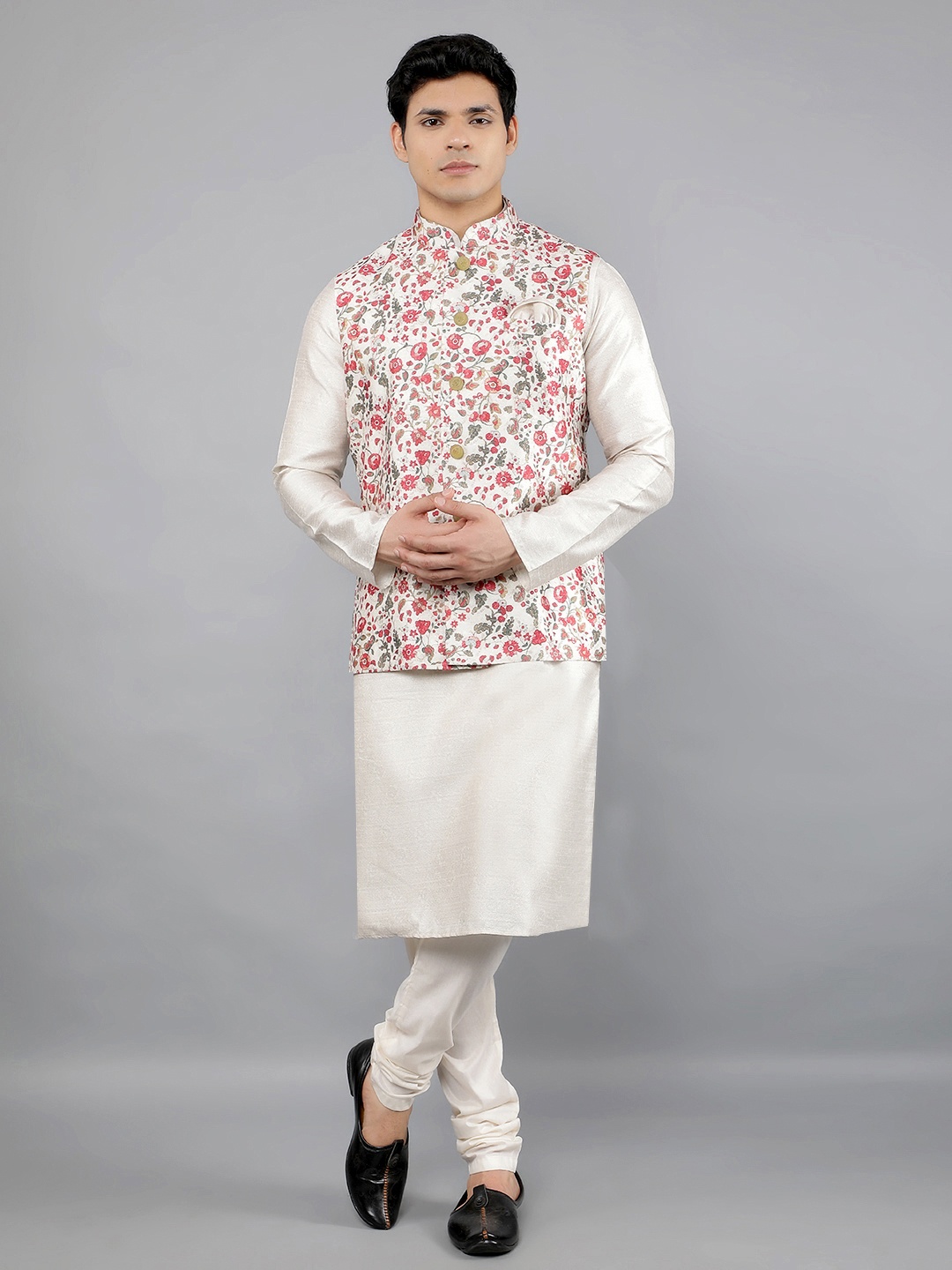 

Manish Creations Mandarin Collar Straight Kurta With Churidar And Nehru Jacket, White