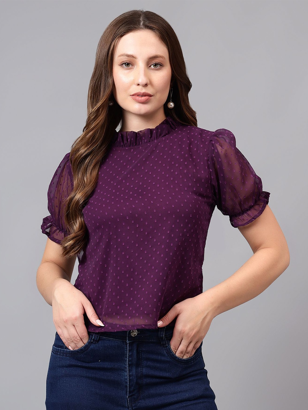 

BAESD Women Polka Dot Puff Sleeve Georgette Top, Purple