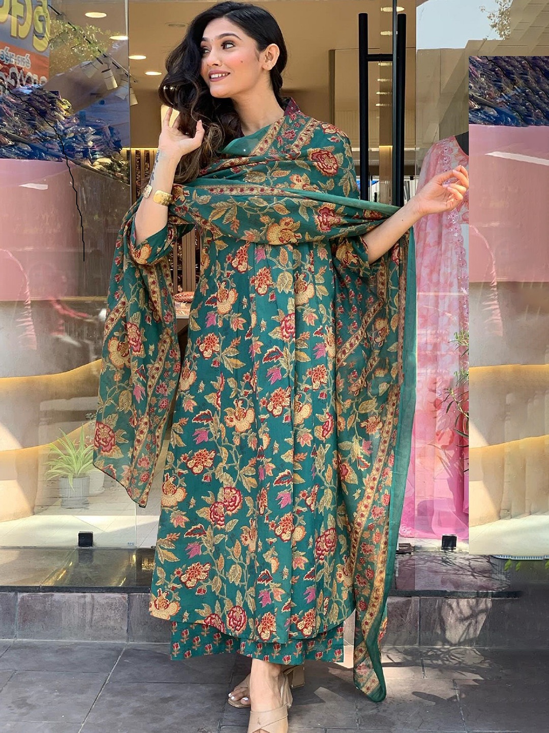 

KALINI Floral Printed Pleated V-Neck Mirror Work A-Line Kurta With Trousers And Dupatta, Green
