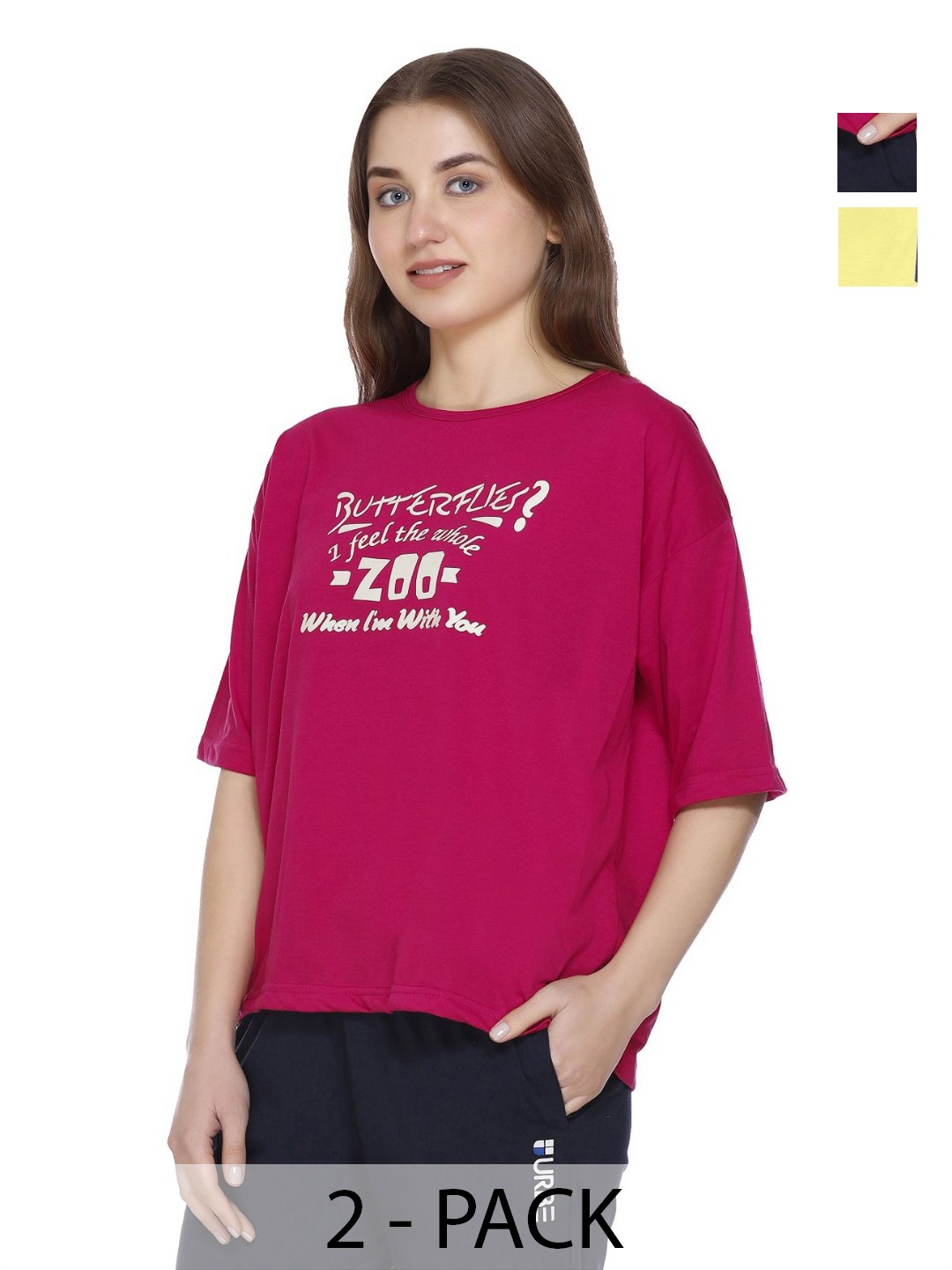 

URBE-URBAN EVOLUTION Women Pack Of 2 Typography Printed Cotton Relaxed Fit T-shirts, Pink