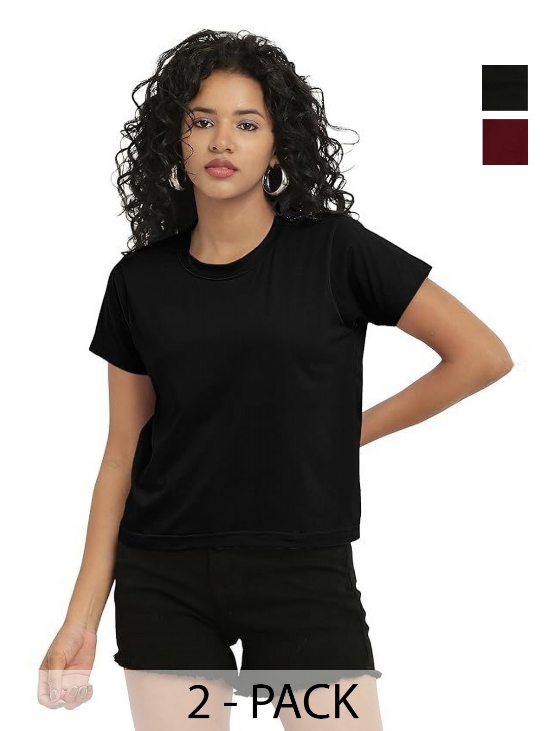 

NOTWILD Women Pack Of 2 Solid Round Neck Cotton T-shirts, Black