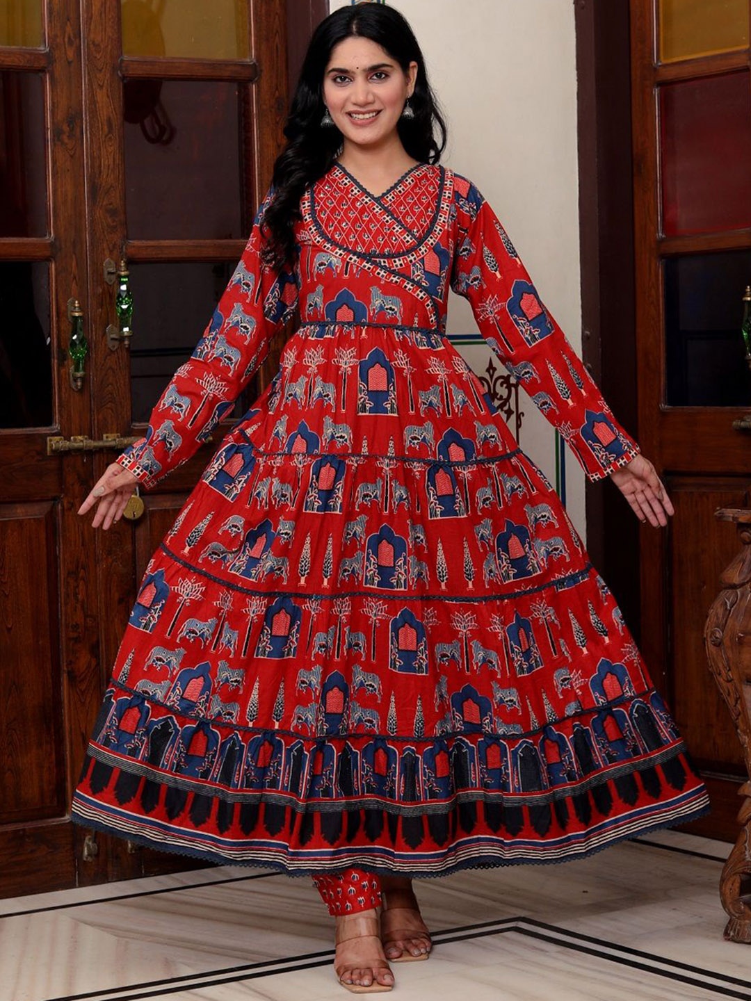 

KALINI Ethnic Motifs Printed Angrakha Pure Cotton Anarkali Kurta With Trousers & Dupatta, Maroon