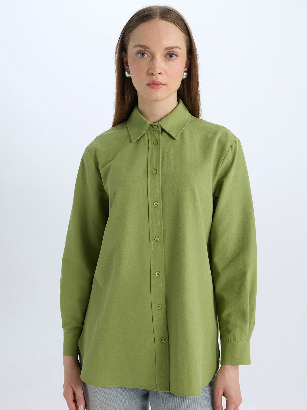 

DeFacto Women Pure Cotton Spread Collar Neck Casual Shirt, Green