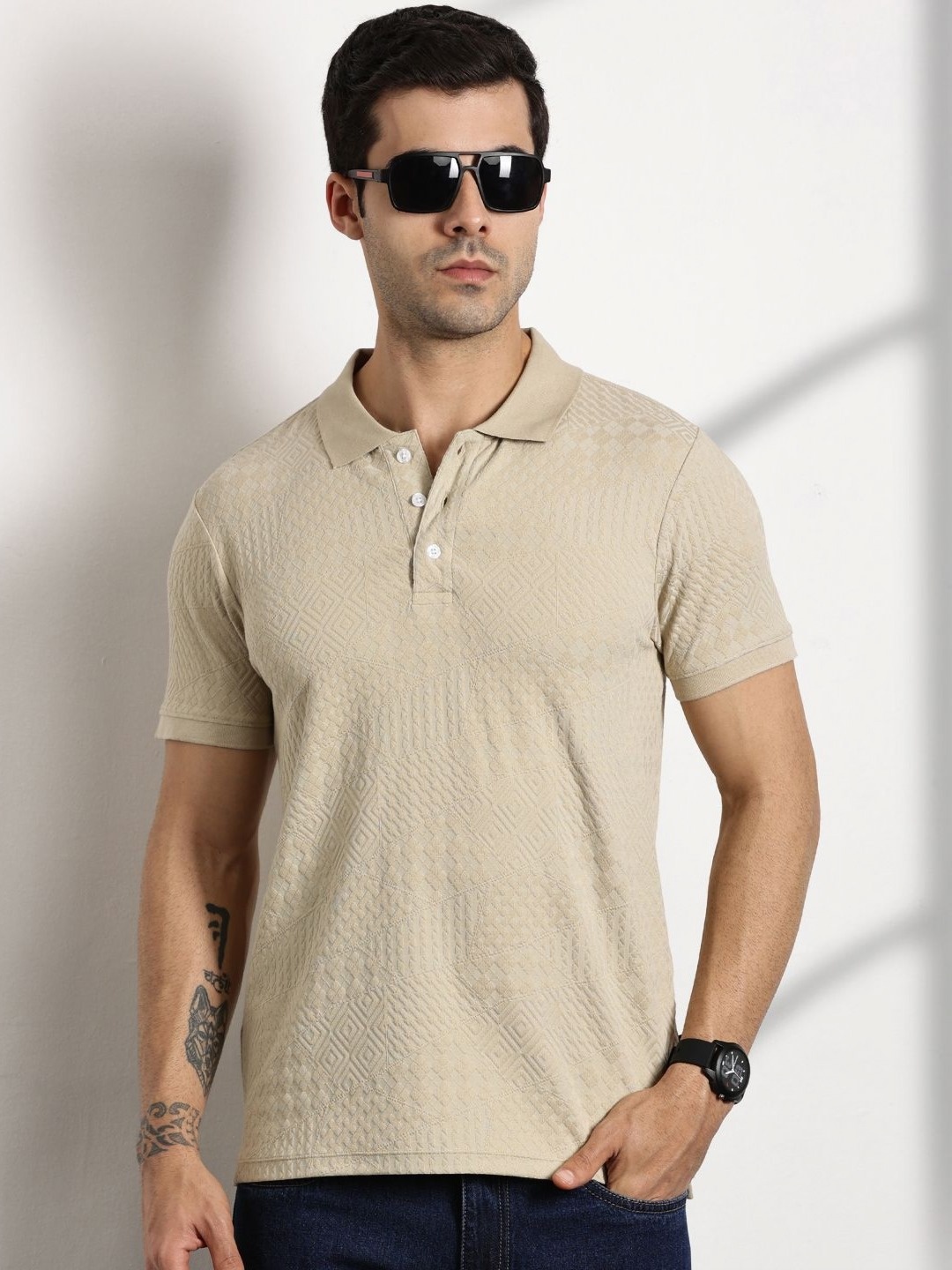 

Thomas Scott Men Self Design Polo Collar Cotton T-shirt, Beige