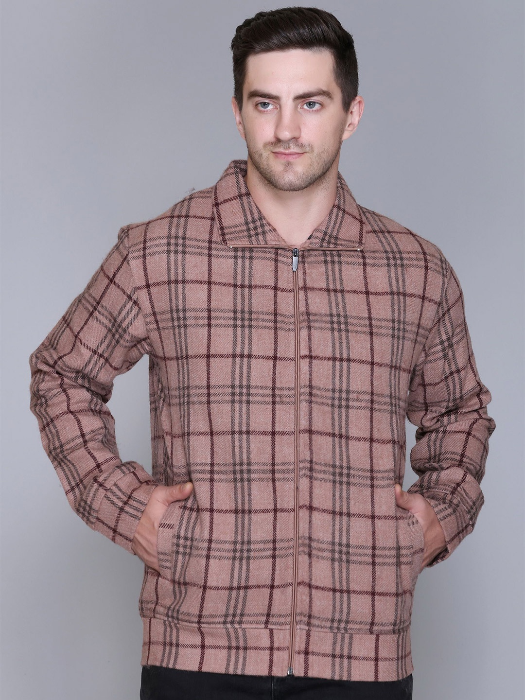 

PYRO SPIRIT Men Checked Shirt Collar Cotton Sweatshirt, Camel brown