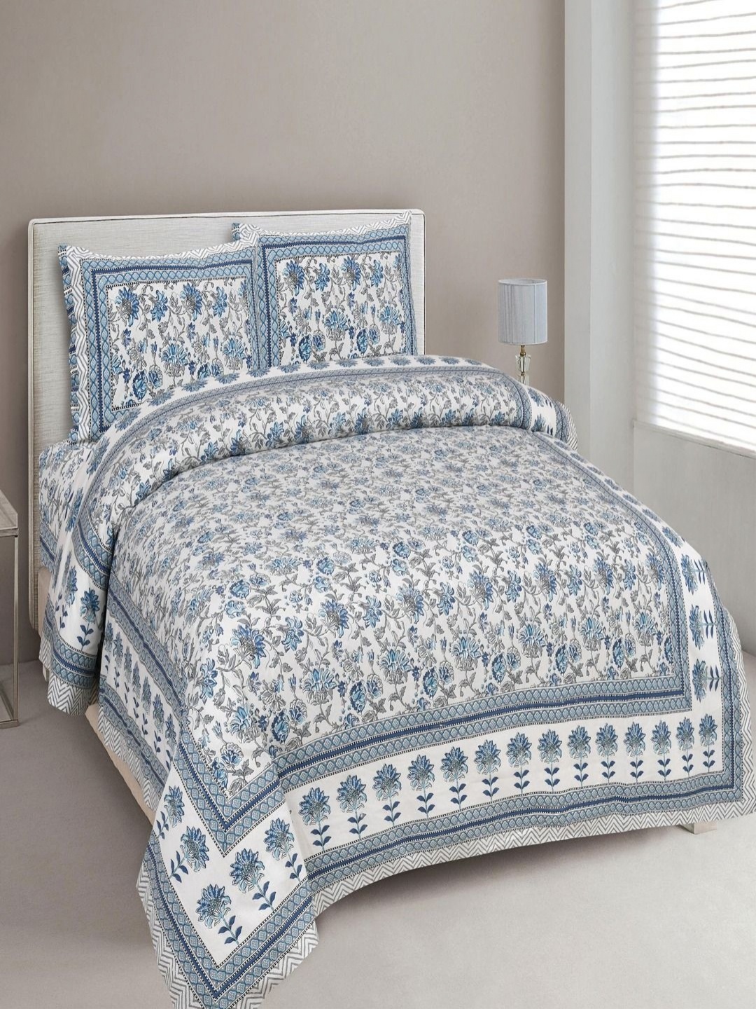 

Myntra Elegant Homes Blue Printed Pure Cotton 180 TC King Bedsheet Set 2.74 m x 2.54m