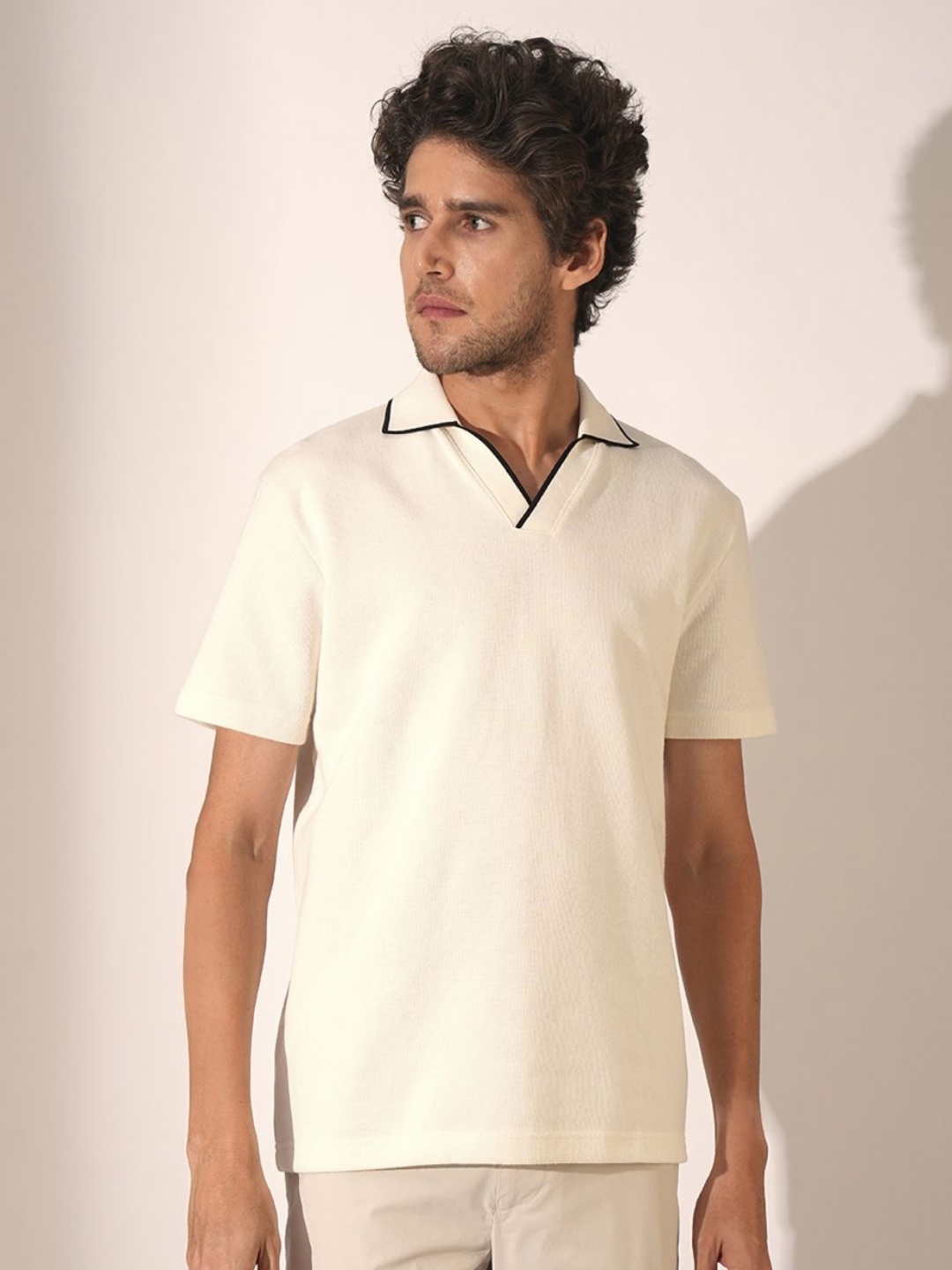 

SELECTED Men Solid Polo Collar Cotton T-shirt, Off white