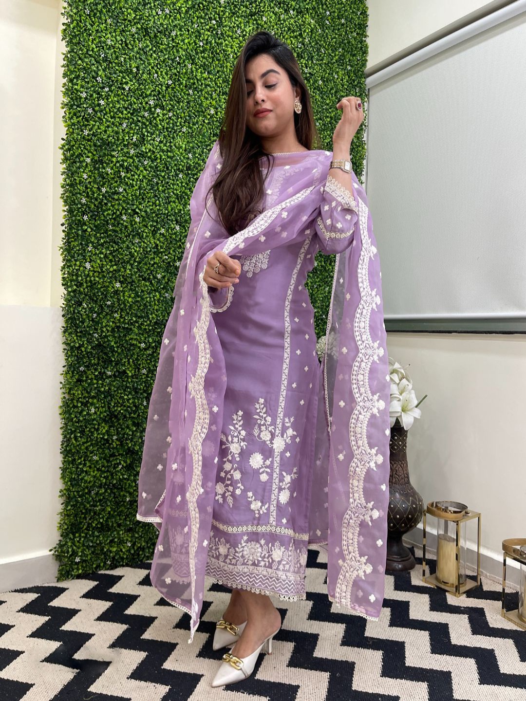 

GoSriKi Floral Embroidered Thread Work Straight Kurta With Trousers And Dupatta, Purple