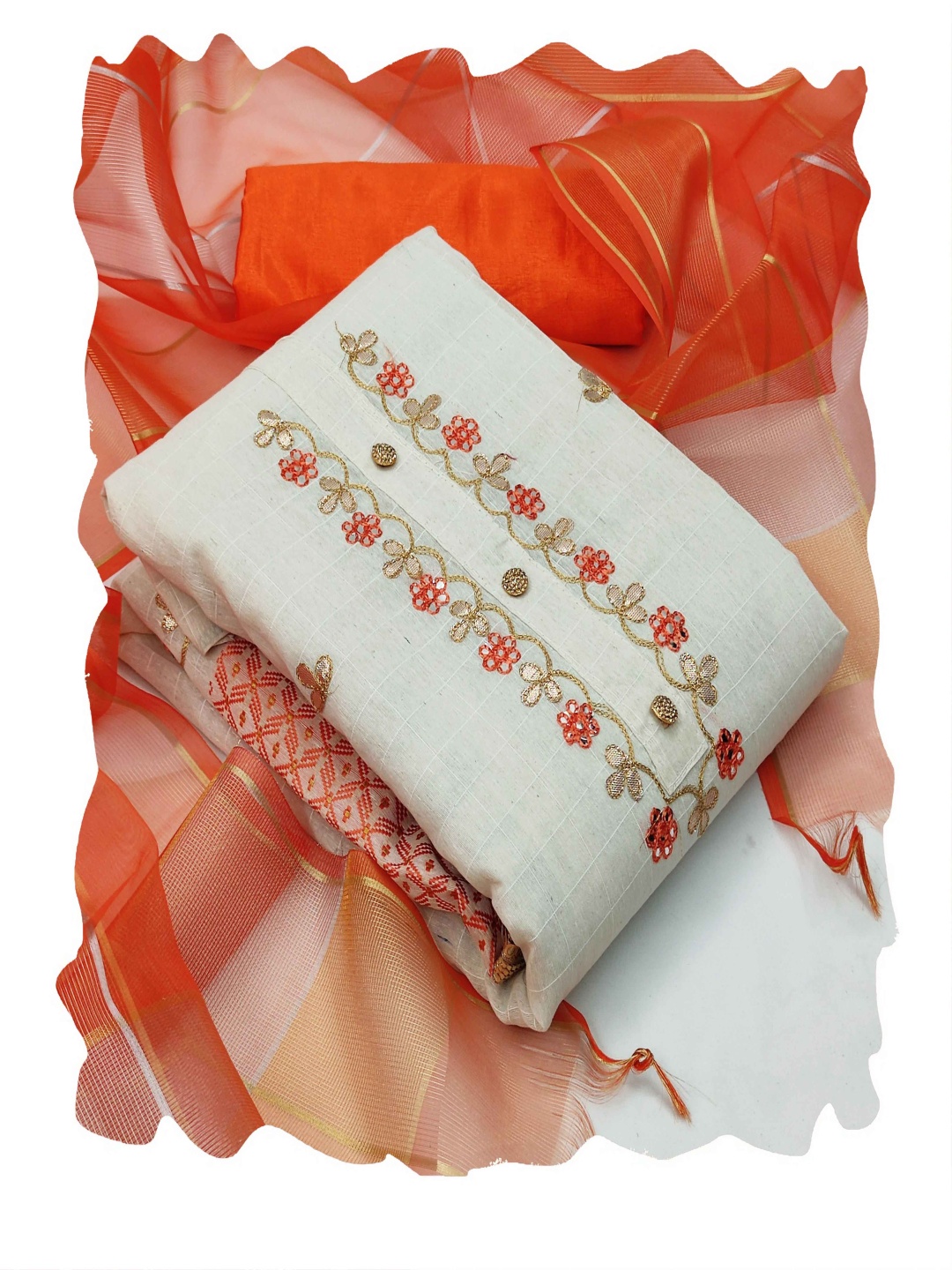 

HERE&NOW Floral Embroidered Unstitched Dress Material, White