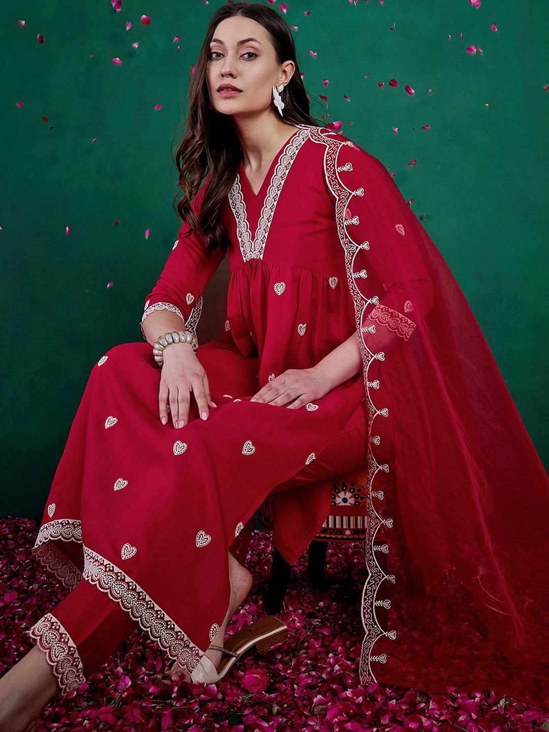 

Sangria Red Floral Embroidered V-Neck Empire Anarkali Kurta With Trouser And Dupatta