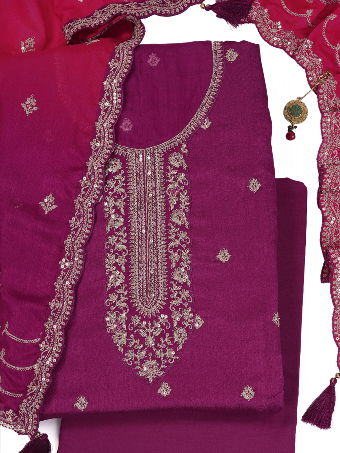 

KULEESH Floral Embroidered Silk Georgette Unstitched Dress Material, Magenta