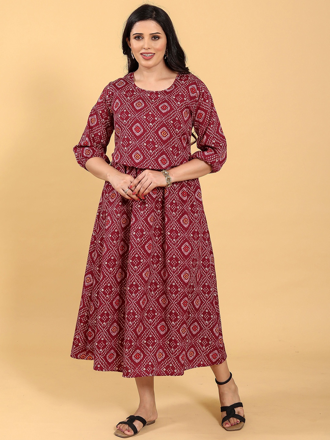 

RITIJYA Bandhani Printed Round Neck Zipless Maternity Ethnic Dresses, Maroon