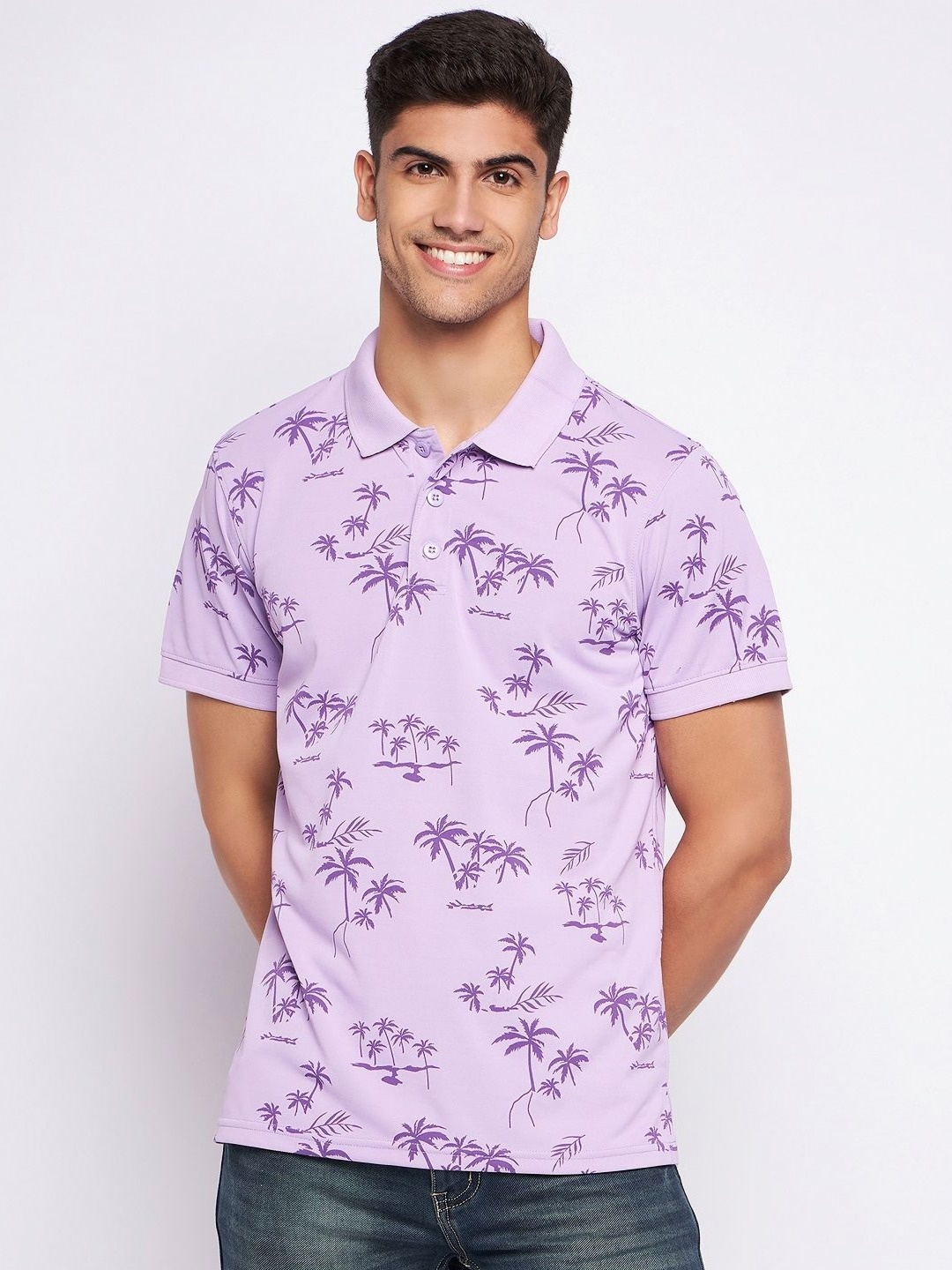 

AUXAMIS Men Printed Polo Collar Pockets T-shirt, Lavender