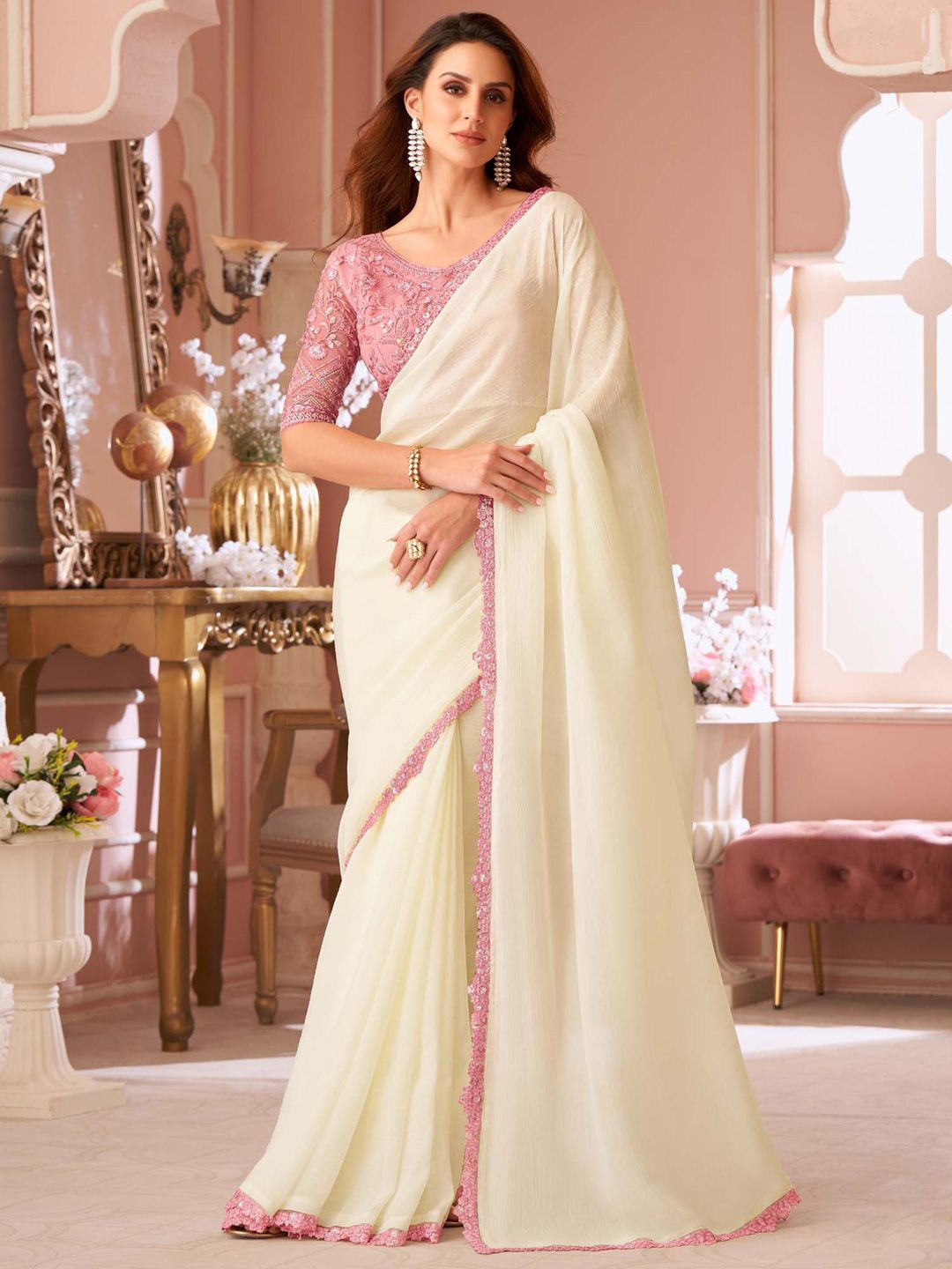 

Mitera Embellished Sequinned Pure Georgette Saree, Off white