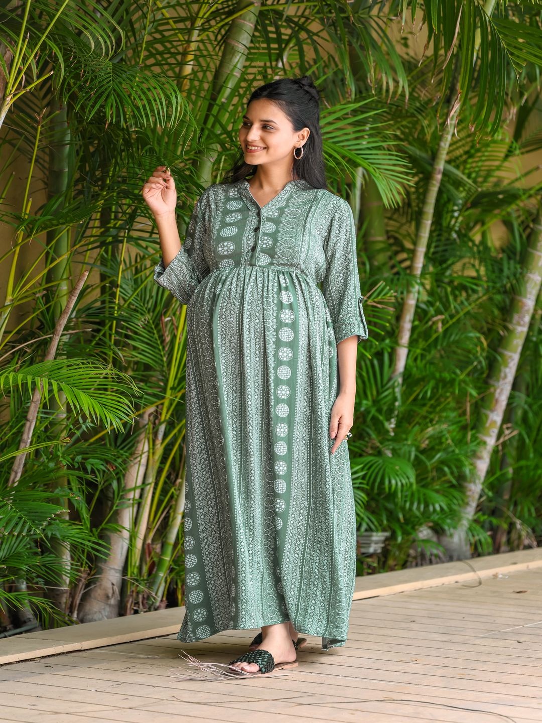 

SWEET MOON Floral Printed Maternity Fit and Flare Midi Dress, Green