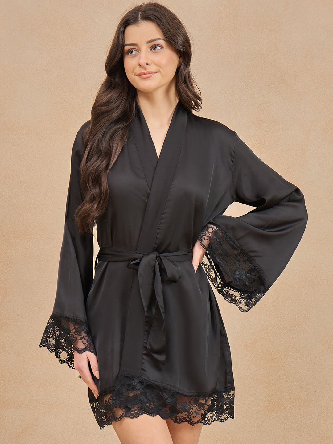 

COLOR CAPITAL Luxe Women Satin Lace Detail Mini Robe, Black