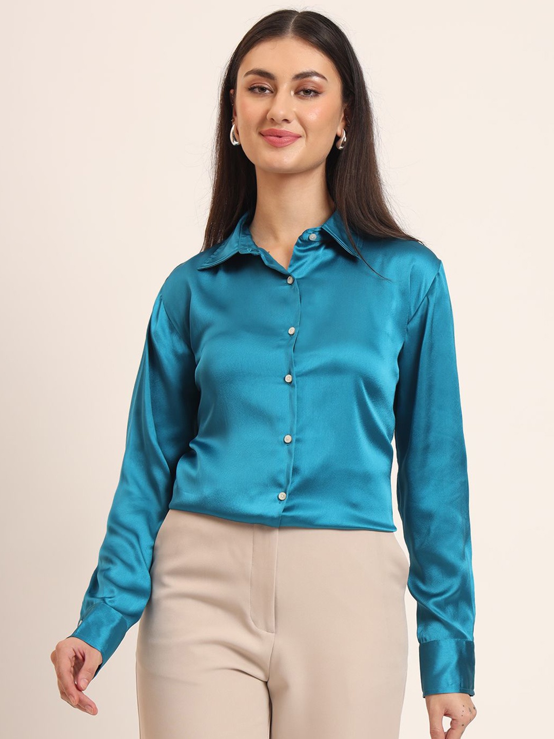 

AMSWAN Women Comfort Fit Spread Collar Solid Satin Casual Shirt, Blue