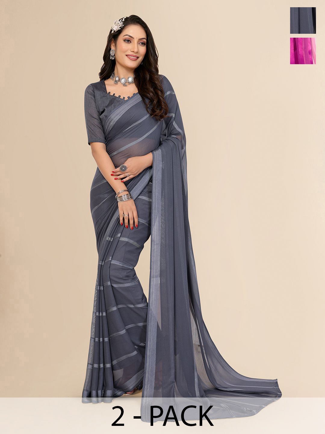 

Moda Rapido Pack Of 2 Striped Satin Saree, Grey