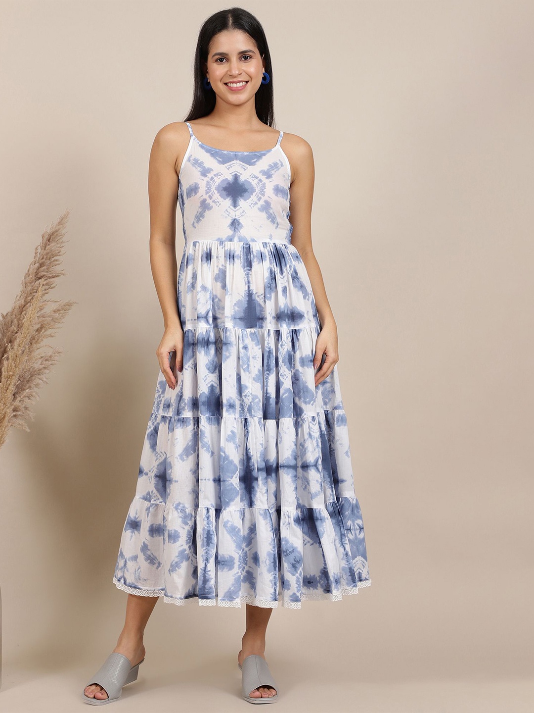 

AURELIA Women Tie and Dye Dyed Cotton Fit & Flare Midi Dress, Blue