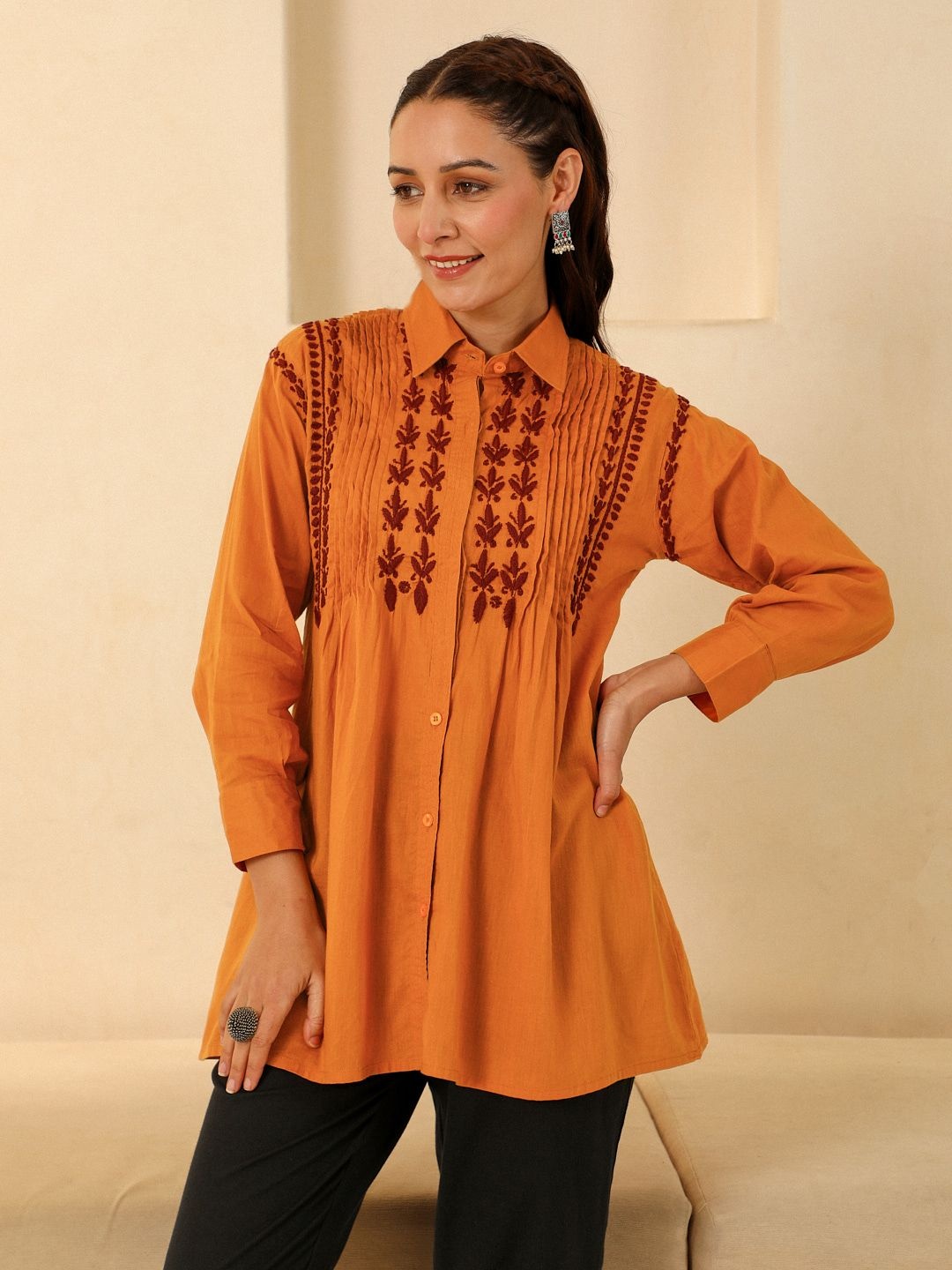 

House of Chikankari Cotton Chikankari Solid Women's Short kurta - orange
