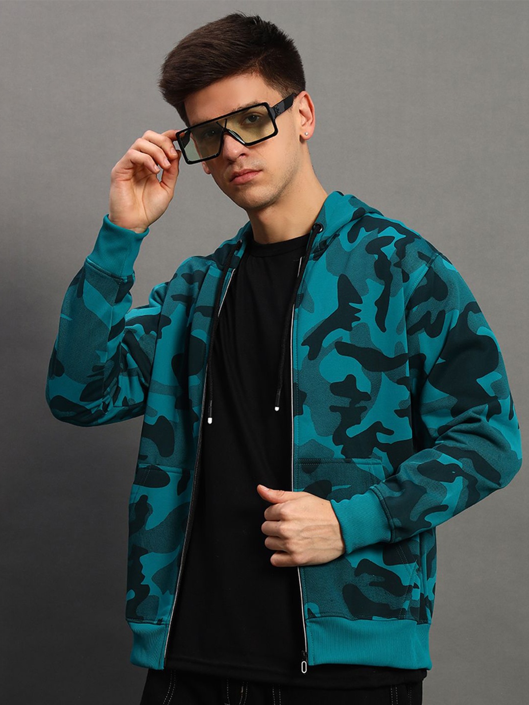 

STELVIN Men Cotton Hooded Camouflage Printed Front-Open Sweatshirt, Teal