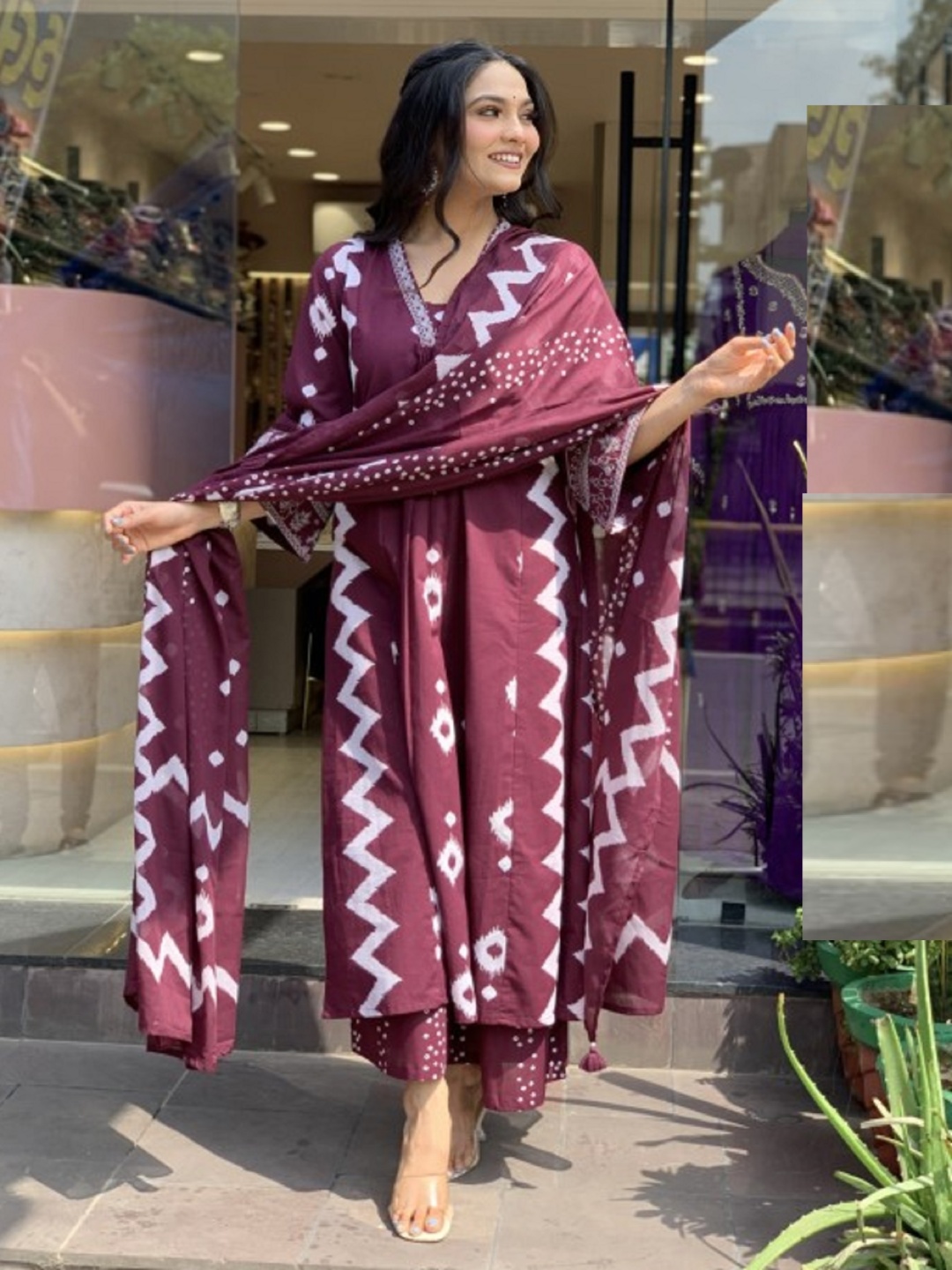 

KALINI Geometric Printed Notch Neck Pleated A-Line Kurta With Trouser And Dupatta, Purple