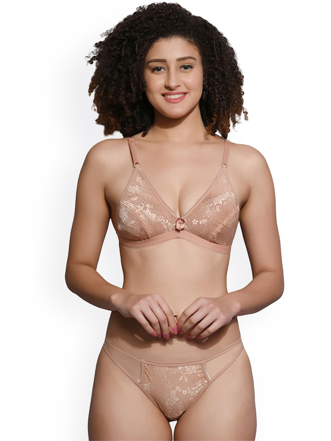 

chia fashions Women Non-Wired Non Padded Mid-Rise Lingerie Set, Beige