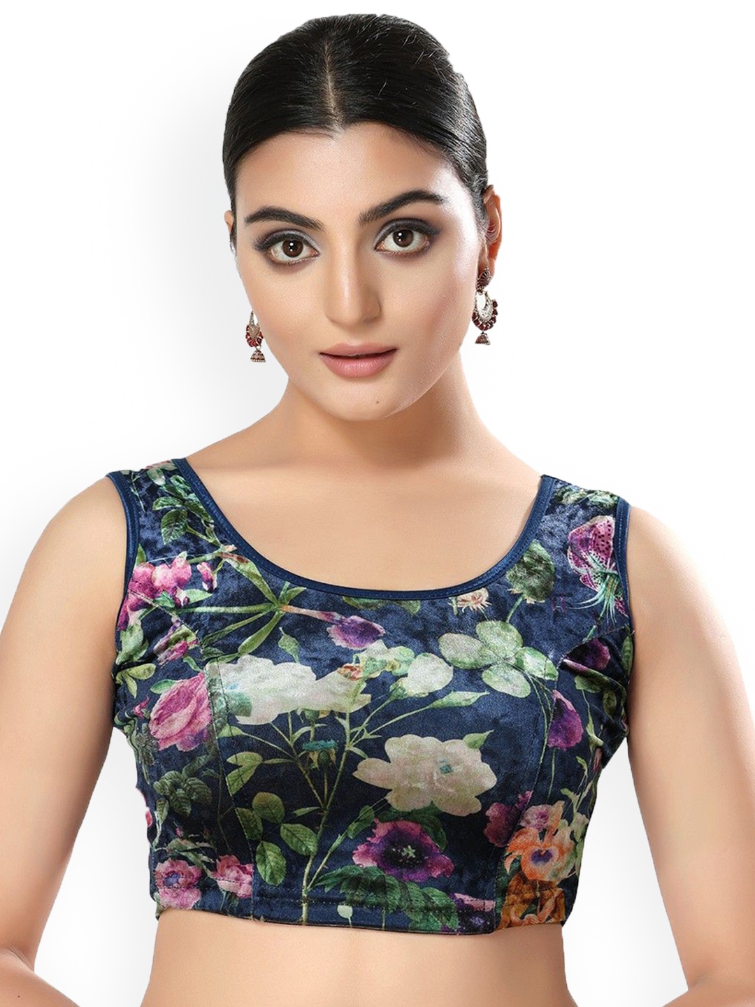 

Mmore Printed Stretchable Saree Blouse, Navy blue