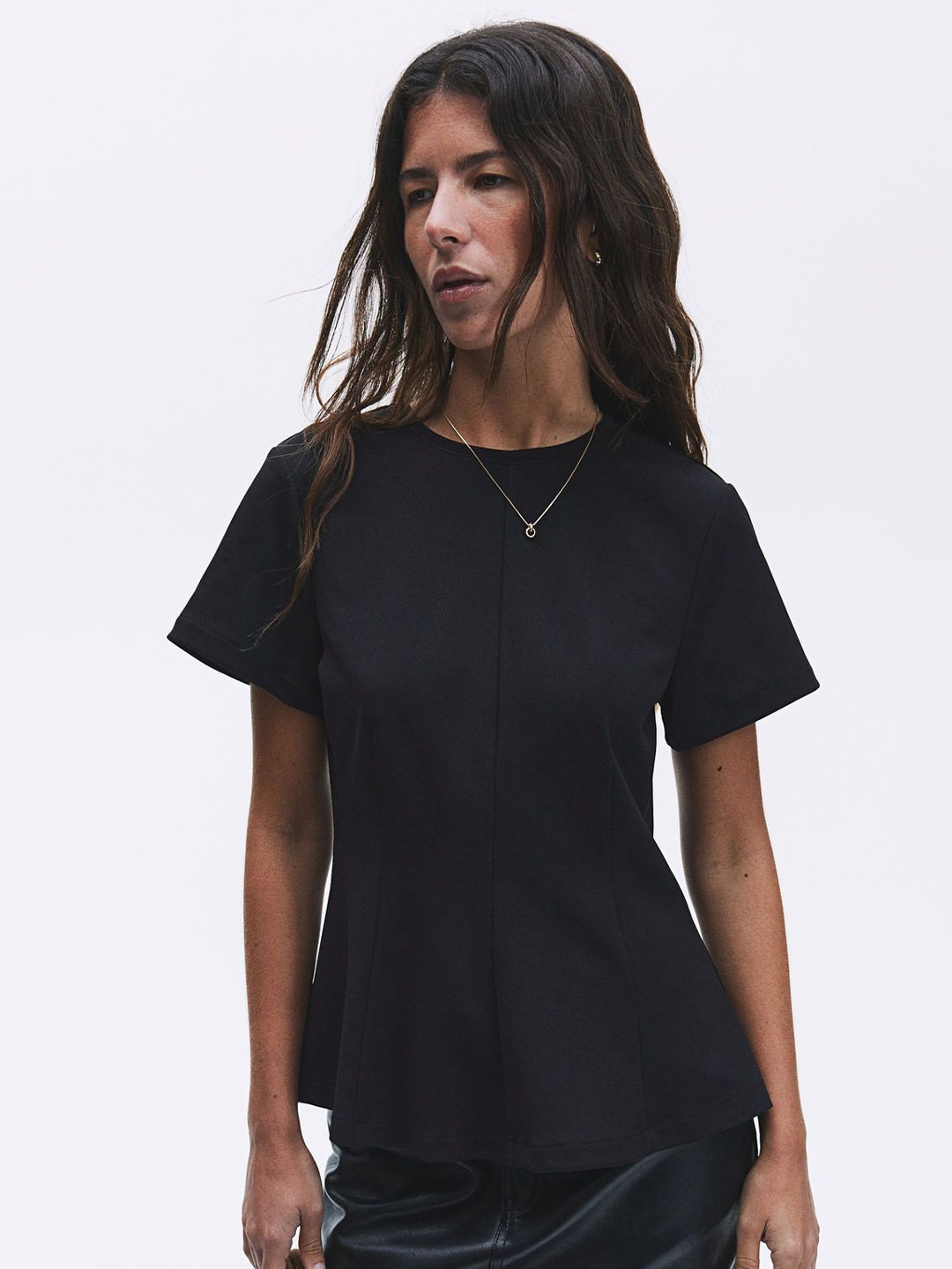 

H&M Waisted Round Neck Short Sleeves Top, Black