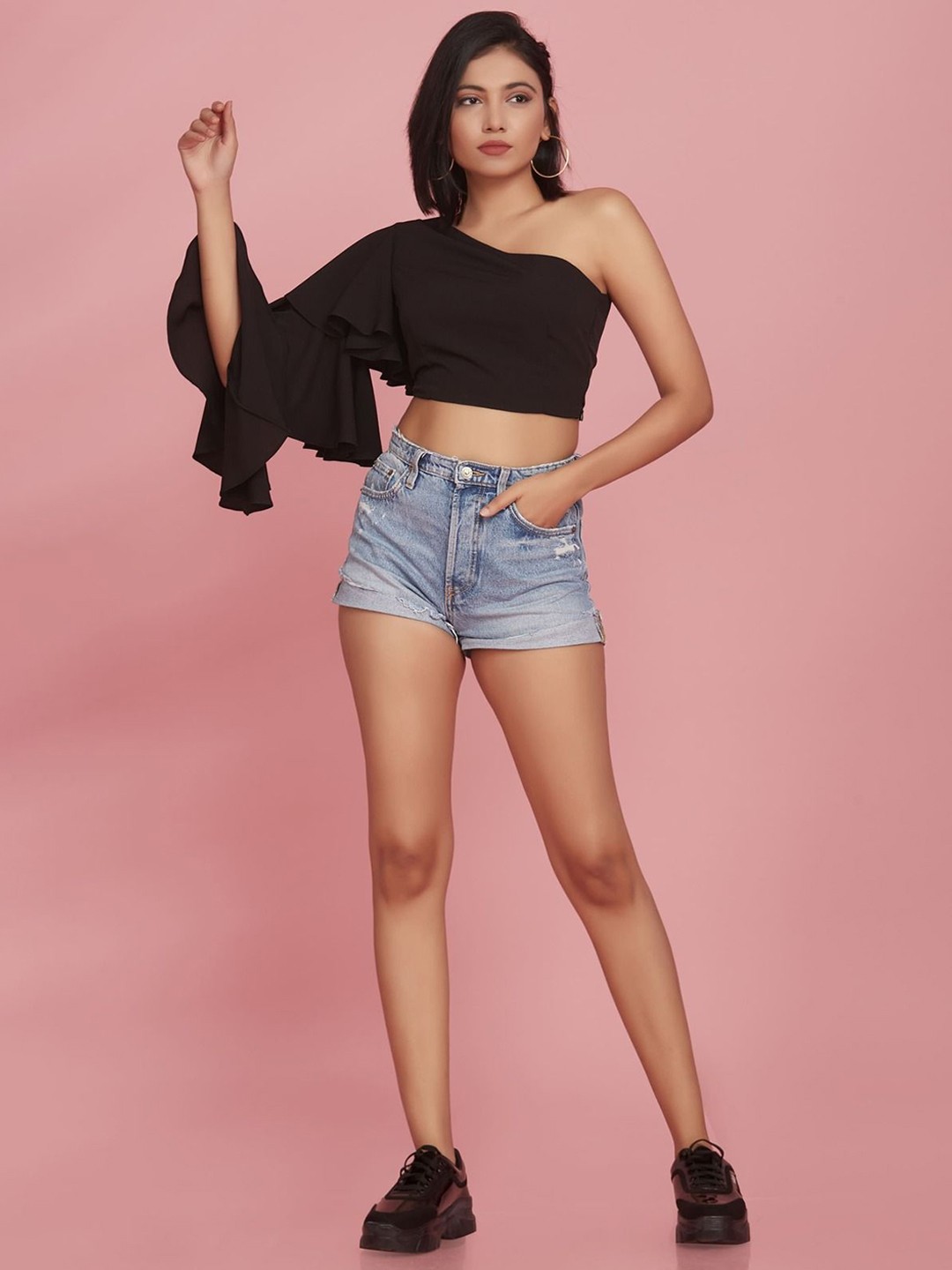 

KAIN One Shoulder Cape Sleeve Fitted Crop Top, Black