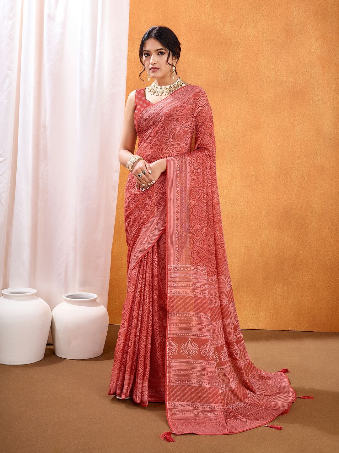 

Rekha Maniyar Paisley Beads and Stones Poly Georgette Saree, Orange