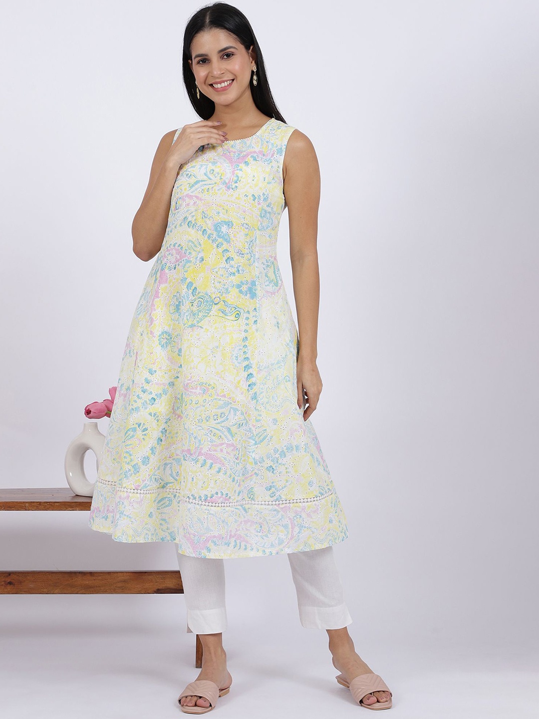 

W Floral Printed Sleeveless Pure Cotton A-Line Kurta, Yellow